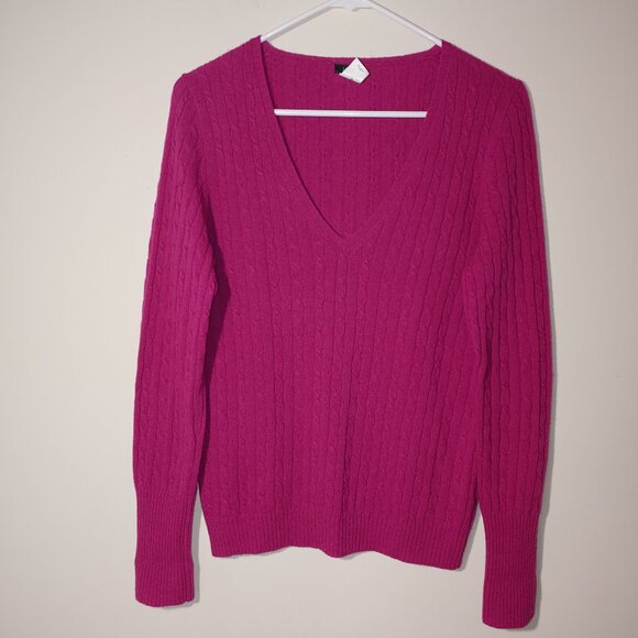 J.Crew Cashmere Wool Blend Cable Knit V-Neck Sweater Size M Fuchsia Pink - Picture 1 of 7